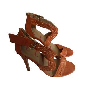 ELLE Women's Size 8 1/2 Open Toe Heels Beaded Ankle Strap Orange Buckle Closure